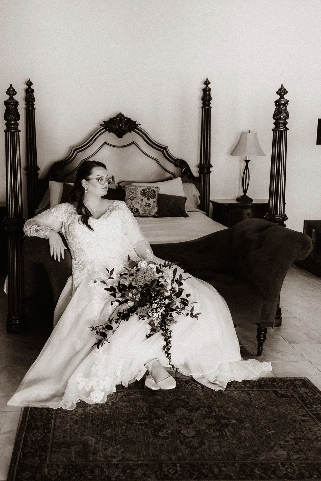 Austin bride relaxing on settee pre-ceremony