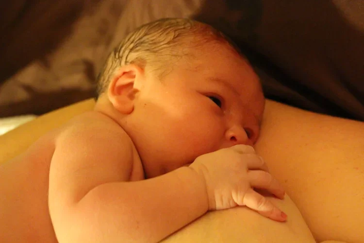 A close-up of a newborn baby suckling on a mother's breast.