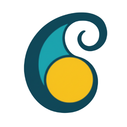 A stylized logo with a large teal swirl, a smaller yellow circle, and a question mark in the background.