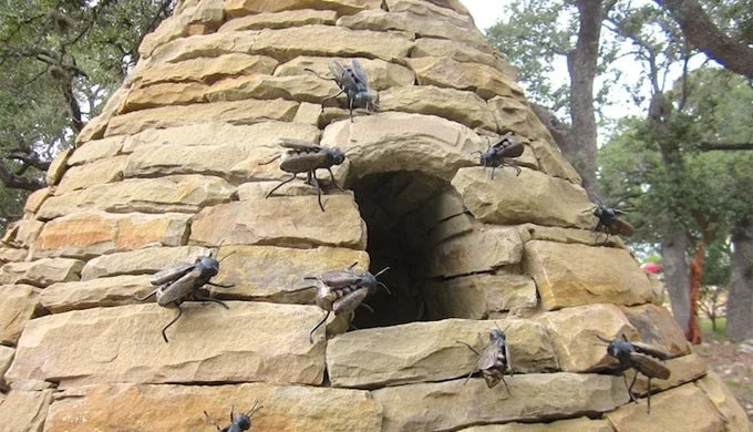 A stone structure resembling a small volcano with insect figures on it, and a dark hollow opening.