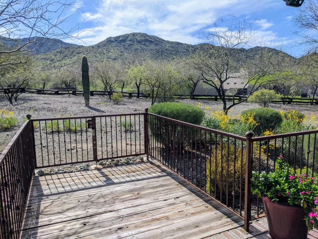 View from a wooden deck overlooking a desert landscape with cacti, leafless trees, mountains in the background, and a partly cloudy sky.