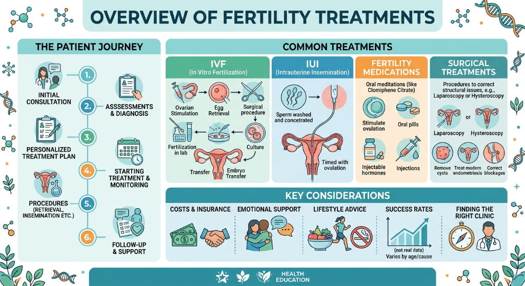 An infographic titled 'Overview of Fertility Treatments' illustrating the patient journey, common treatments, and key considerations. Sections include initial consultation, assessments, personalized plans, procedures like IVF, IUI, medications, and s