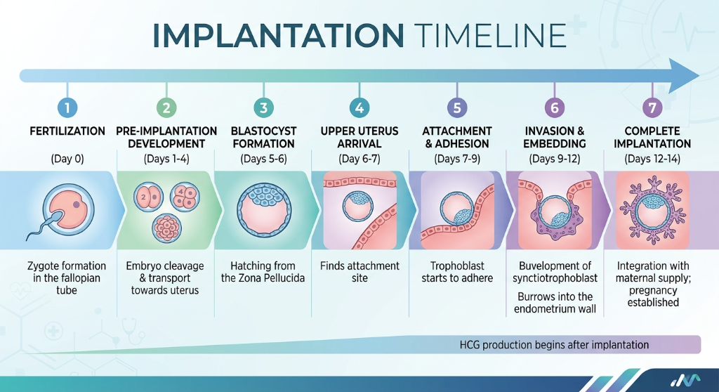Timeline of pregnancy implantation process, including fertilization, pre-implantation development, blastocyst formation, upper uterus arrival, attachment and adhesion, invasion and embedding, and complete implantation, with illustrations for each sta
