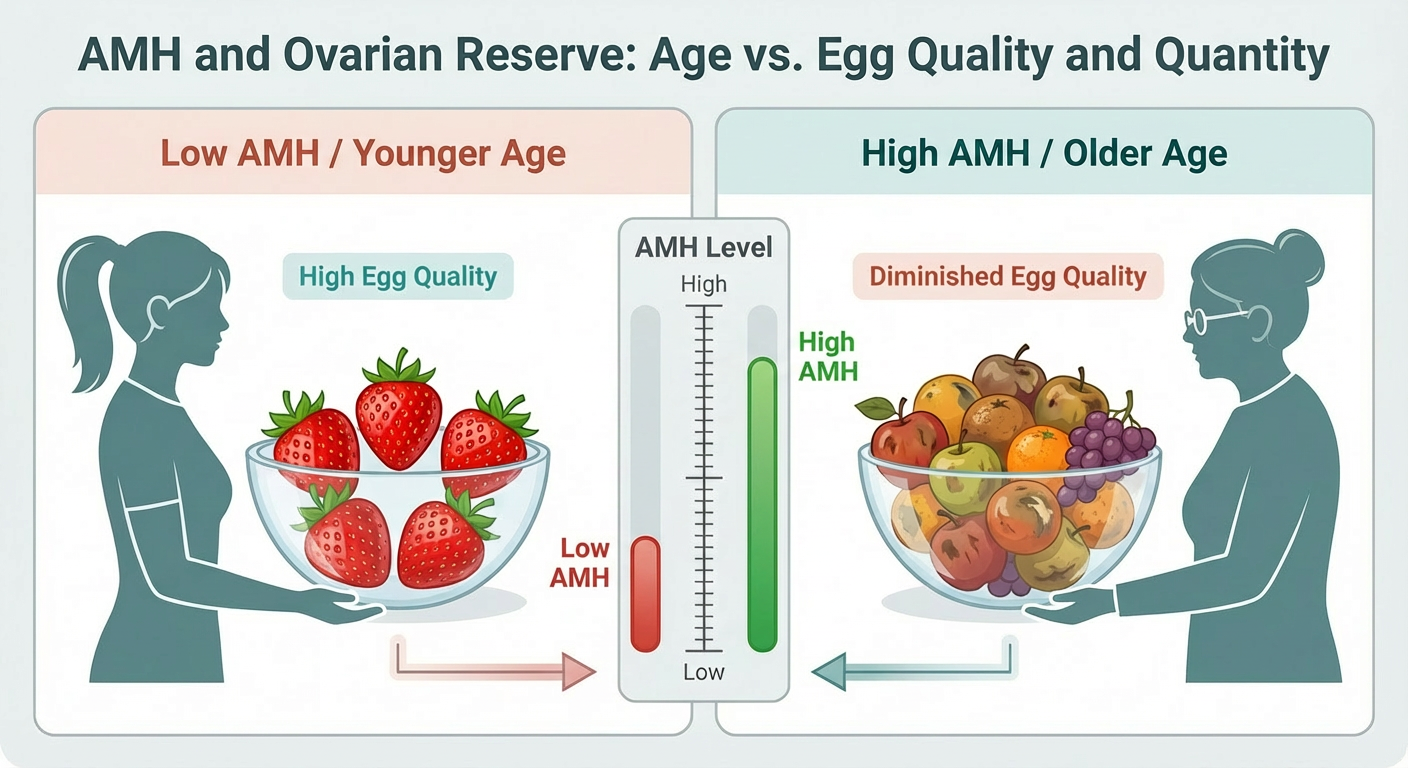 A chart compares age, egg quality, and ovarian reserve, showing that younger women with low AMH levels have high egg quality, depicted by strawberries, while older women with high AMH levels have diminished egg quality, shown by various overripe or s