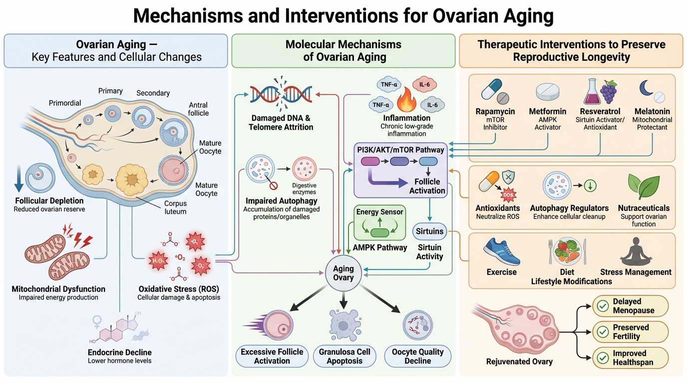 Diagram illustrating mechanisms and interventions for ovarian aging, including key features like follicular depletion, mitochondrial dysfunction, oxidative stress, and hormonal decline; molecular mechanisms involving DNA damage, telomere attrition, a