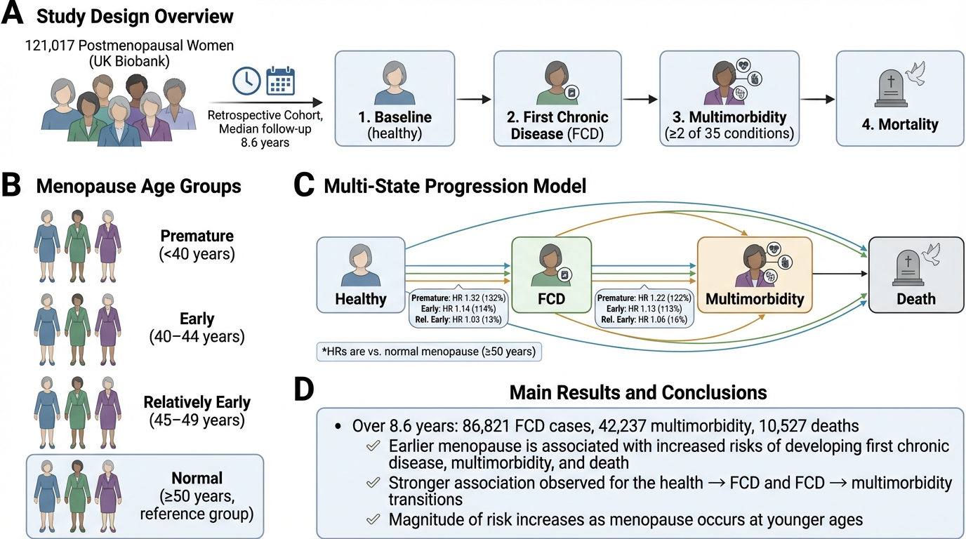 Study design overview including a schematic of postmenopausal women, their health status over 8.6 years, and the progression model of menopause stages to death, highlighting baseline, first chronic disease, multimorbidity, and mortality, with age gro