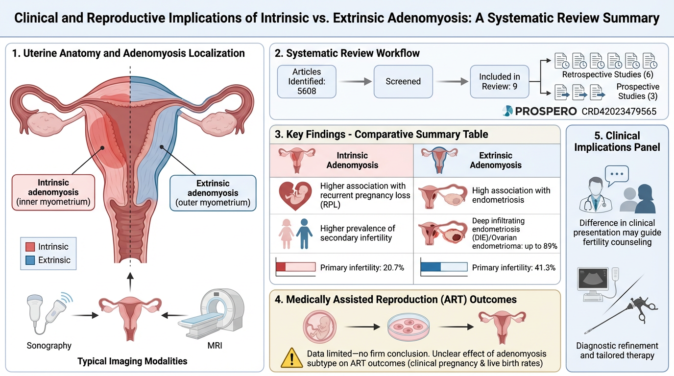 A medical infographic about the clinical and reproductive implications of intrinsic versus extrinsic adenomyosis. It includes sections on uterine anatomy, systematic review workflow, a comparative summary table with key findings on primary infertilit
