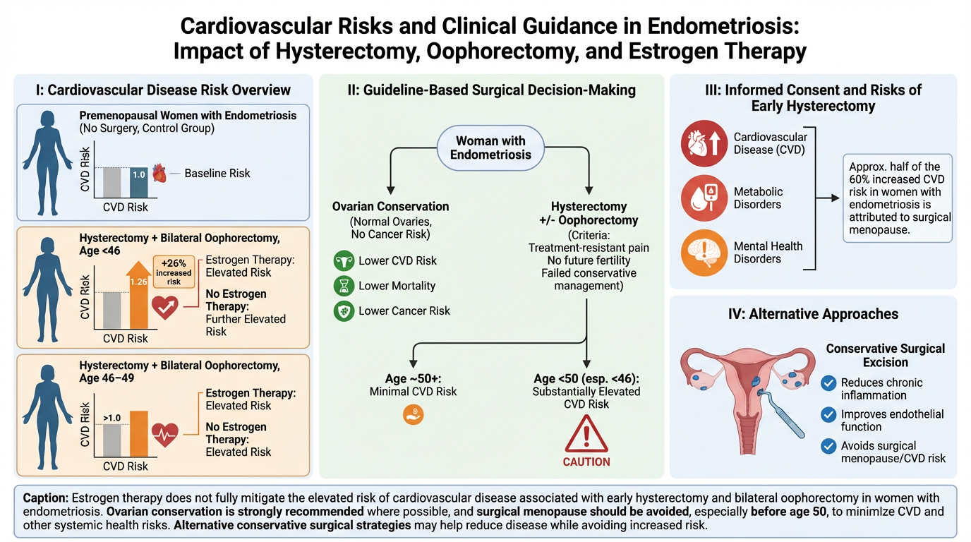 A scientific infographic titled 'Cardiovascular Risks and Clinical Guidance in Endometriosis: Impact of Hysterectomy, Oophorectomy, and Estrogen Therapy.' It explains cardiovascular disease risk overview, guideline-based surgical decision-making, inf