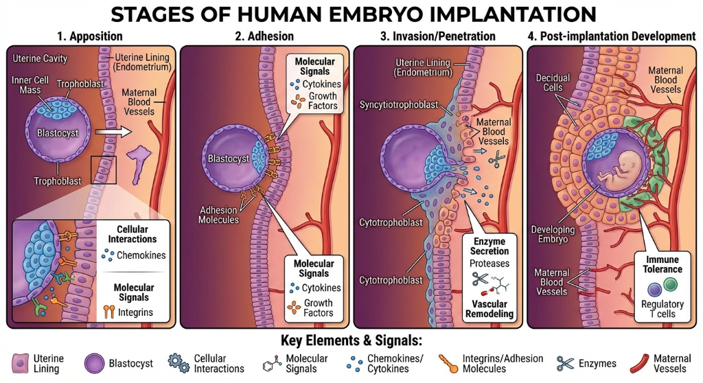 Diagram showing the four stages of human embryo implantation: 1. Apposition with uterine lining, blastocyst, and cell interactions; 2. Adhesion with molecular signals; 3. Invasion with trophoblast penetration and vascular remodeling; 4. Post-implanta