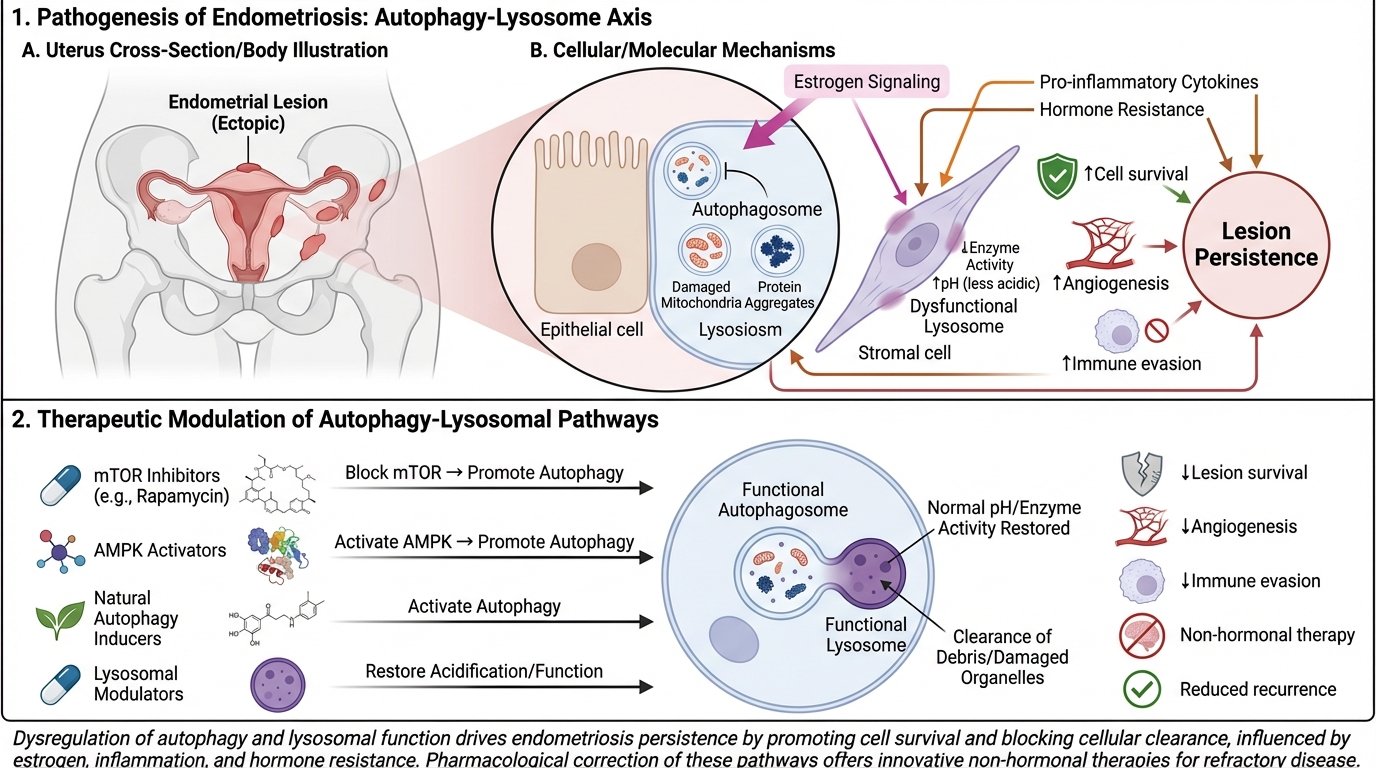 Diagram illustrating the pathogenesis of endometriosis through autophagy-lysosome axis, showing uterine cross-section with epithelial cells, endometrial lesion, and cellular mechanisms involving estrogen signaling, lysosomal activity, and lesion pers