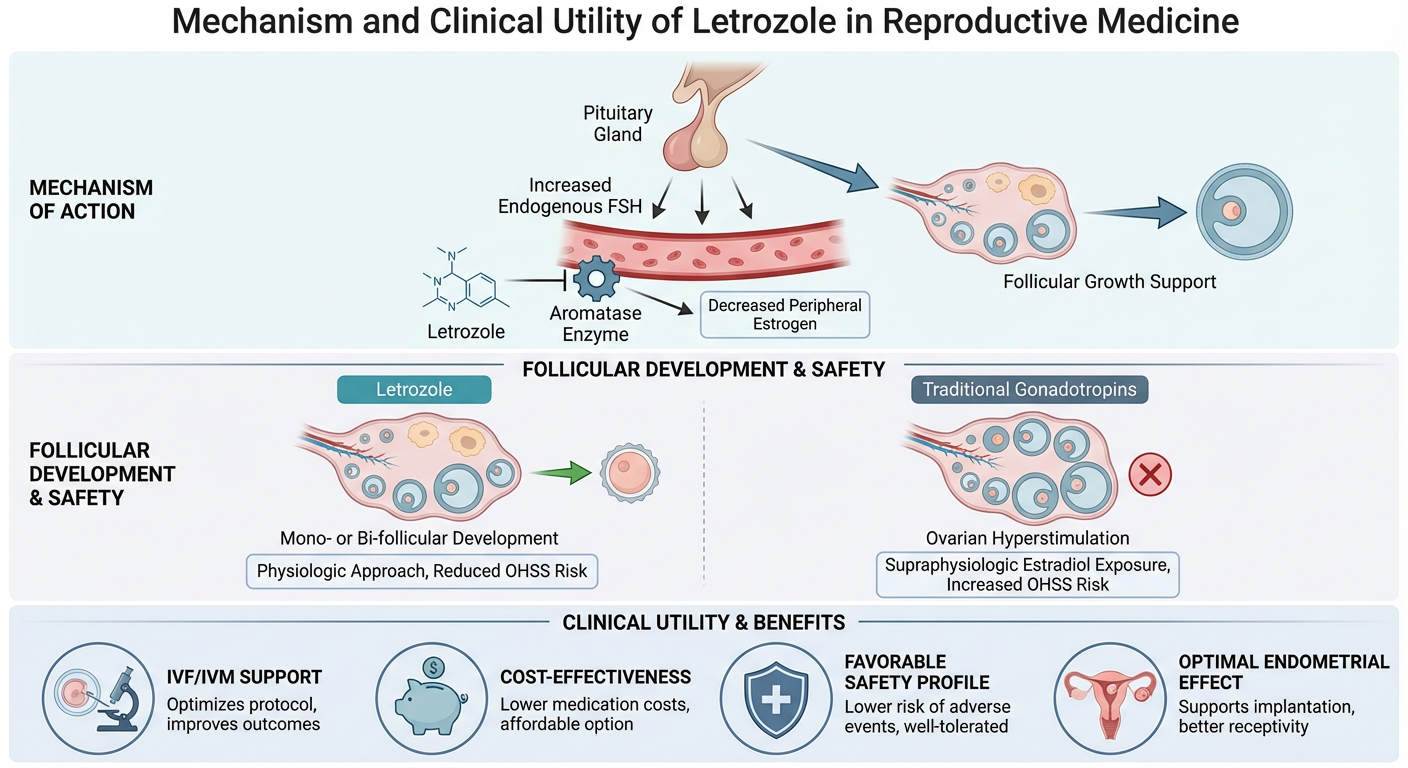 An infographic explaining the mechanism, safety, and benefits of Letrozole in reproductive medicine. It depicts how Letrozole affects the pituitary gland, hormone levels, and follicular development, comparing it with traditional gonadotropins. The di