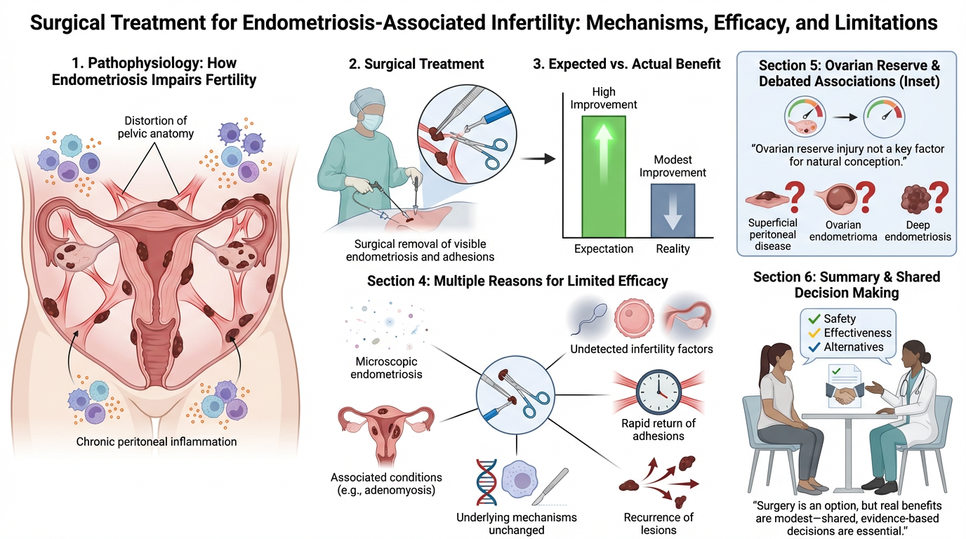 An infographic explaining surgical treatment for endometriosis-associated infertility, including the pathophysiology, surgical procedure, benefits, limitations, and shared decision-making.