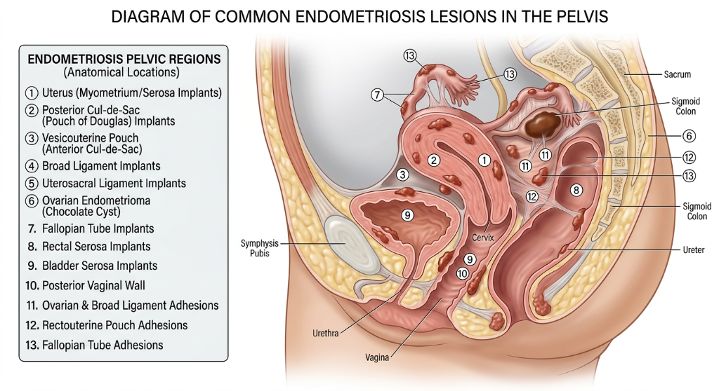 Diagram of common endometriosis lesions in the pelvis, showing affected areas such as the uterus, ovaries, fallopian tubes, bladder, and surrounding ligaments, with labels and illustrations of implants and adhesions.