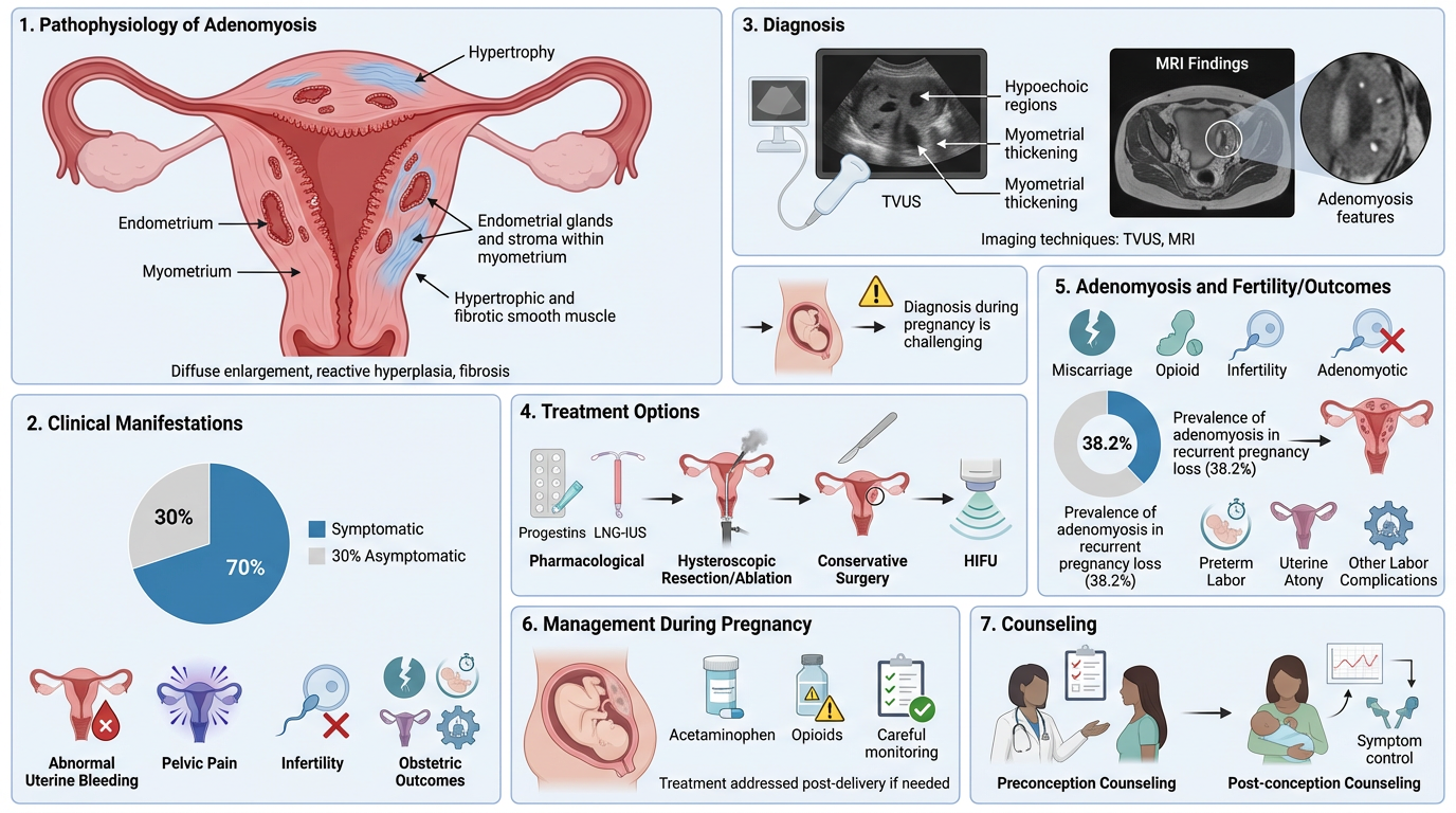 An infographic explaining adenomyosis including its pathology, clinical manifestations, diagnostic techniques (TVUS and MRI), treatment options such as hormonal therapy and surgery, management during pregnancy, effects on fertility, and counseling ap