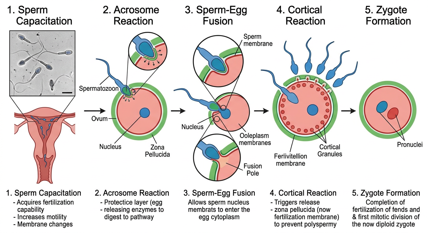 Illustration of human fertilization process showing five stages: 1. Sperm capacitation, where sperm acquire fertilization ability and motility; 2. Acrosome reaction, with enzymes released from sperm head to digest the outer layers of the egg; 3. Sper