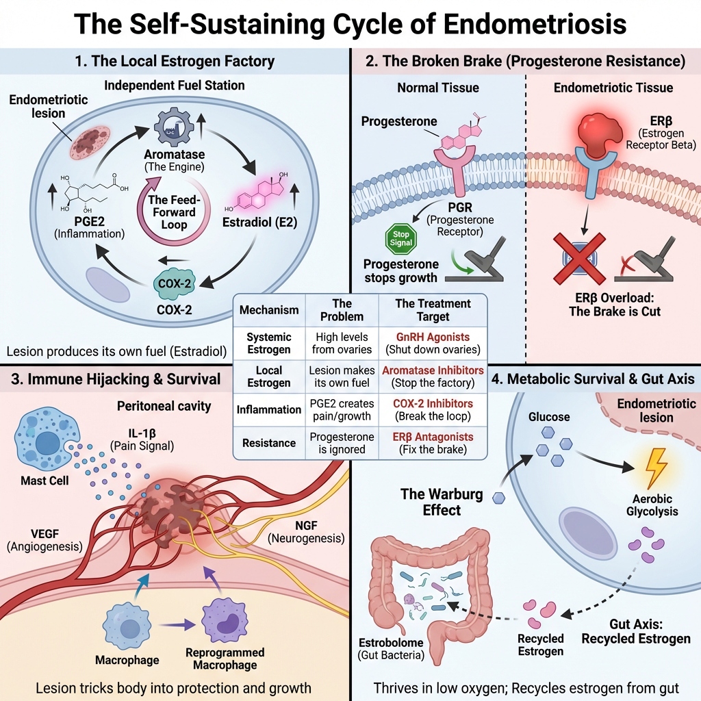 Diagram illustrating the self-sustaining cycle of endometriosis, including four key sections. Section 1 shows the local estrogen factory in the ovaries producing estradiol and fueling lesion growth through the enzyme aromatase. Section 2 depicts prog