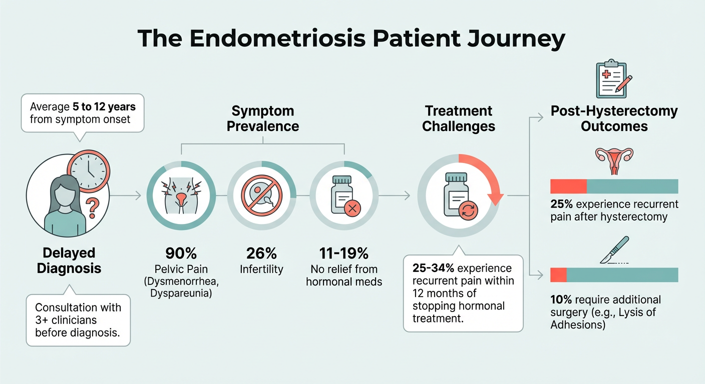 A medical infographic titled 'The Endometriosis Patient Journey' illustrating the steps from delayed diagnosis, symptom prevalence, treatment challenges, to post-hysterectomy outcomes. It includes statistics on symptom onset (average 5 to 12 years), 