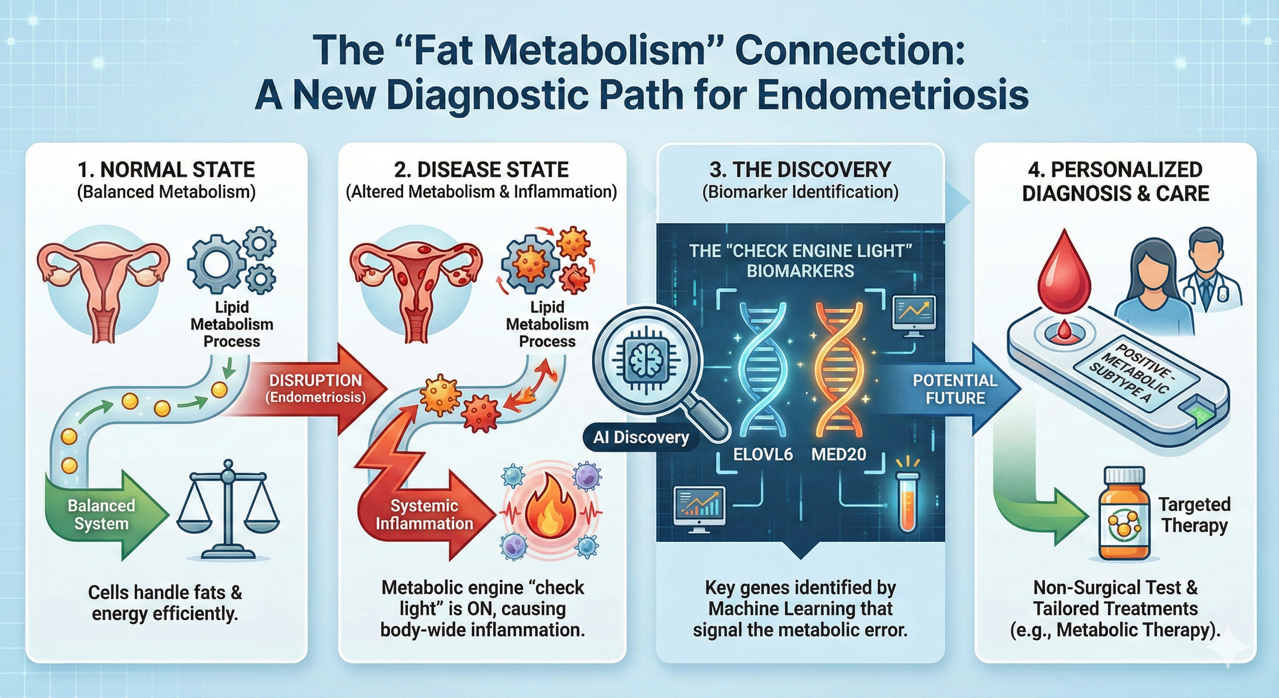 Flowchart illustrating the connection between Fat Metabolism and Endometriosis diagnosis and care, showing stages from normal metabolic state to personalized treatment with biomarkers and targeted therapy.