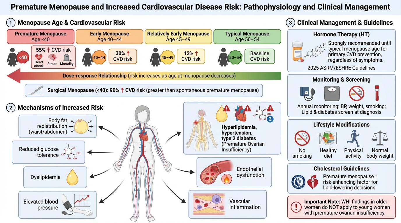 Chart illustrating the link between premature menopause and increased cardiovascular risk, including mechanisms such as body fat redistribution, reduced glucose tolerance, dyslipidemia, elevated blood pressure, hyperlipidemia, hypertension, type 2 di
