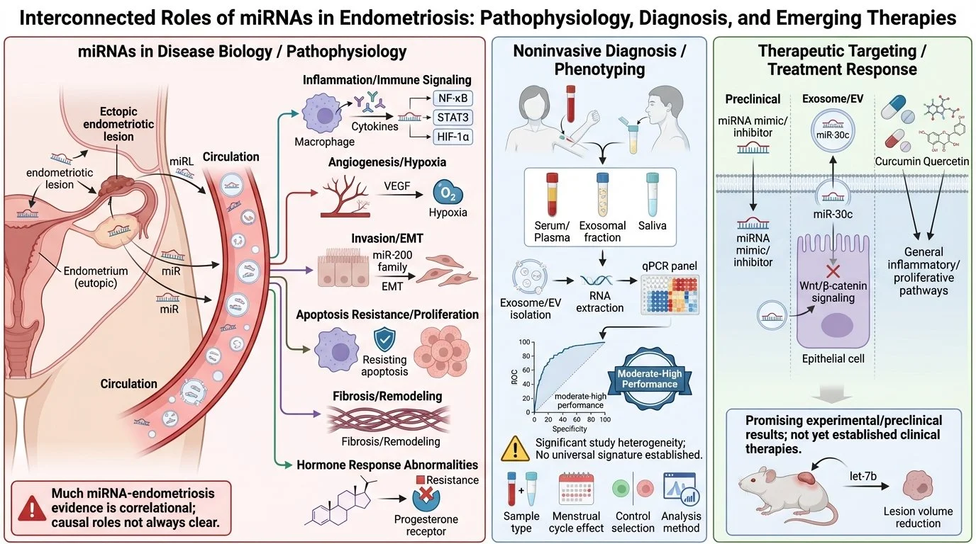 Diagram showing interconnected roles of miRNAs in endometriosis covering pathophysiology, diagnosis, and therapy. Sections include miRNAs in disease biology, noninvasive diagnosis, therapeutic targeting, and experimental results. Illustrations depict
