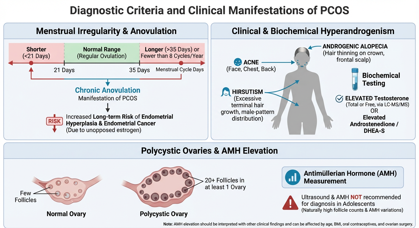 Diagram illustrating diagnostic criteria and clinical manifestations of PCOS, including menstrual irregularity, hyperandrogenism signs like acne, alopecia, hirsutism, biochemical testing, elevated testosterone, polycystic ovaries with multiple follic