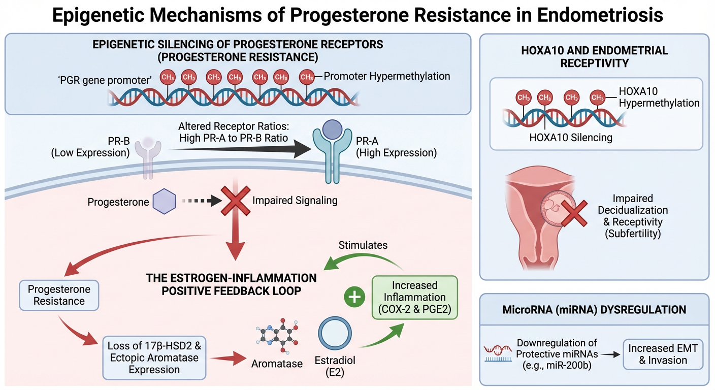 Diagram illustrating epigenetic mechanisms of progesterone resistance in endometriosis. It shows progesterone receptor silencing through promoter hypermethylation and altered receptor ratios, leading to impaired signaling. The diagram emphasizes incr