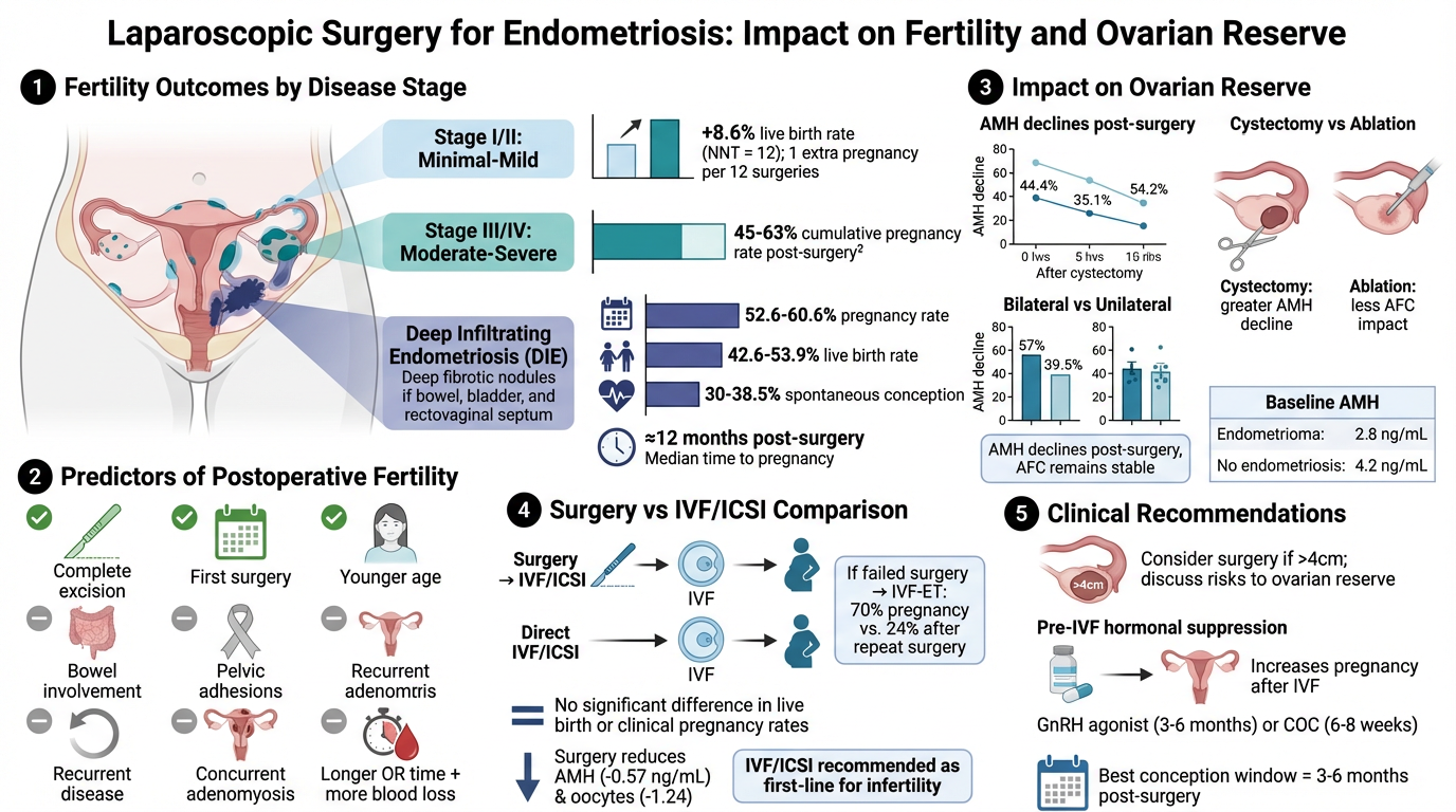Chart showing laparoscopic surgery effects on endometriosis, fertility, and ovarian reserve. Sections include fertility outcomes by disease stage, predictors of postoperative fertility, impact on ovarian reserve, comparison of surgery versus IVF, and