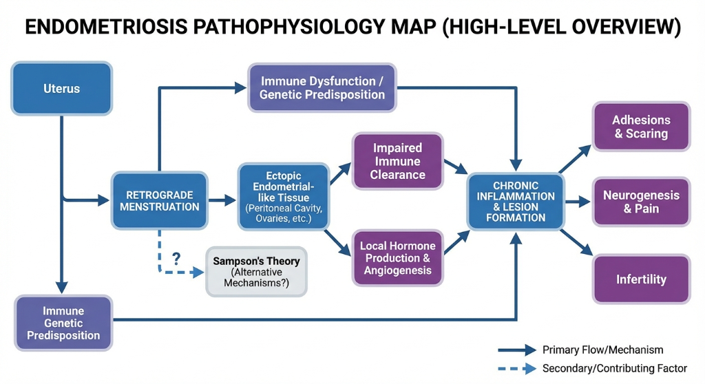 A flowchart titled 'Endometriosis Pathophysiology Map (High-Level Overview)' depicts the mechanisms leading to endometriosis. It starts with the uterus, leading to retrospective menstruation and immune genetic predisposition. The flowchart highlights