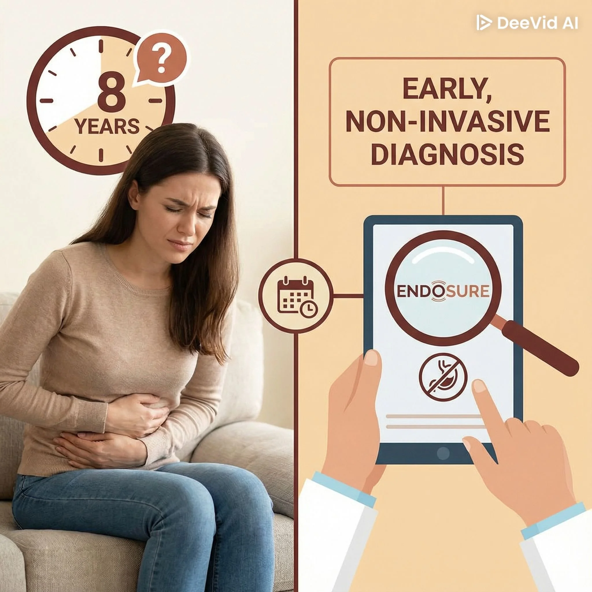 A woman sitting on a couch holding her stomach in pain, with a graphic showing a clock indicating 8 years and a question mark, and a medical diagram emphasizing early, non-invasive diagnosis with the words 'Endosure' on a mobile device screen.