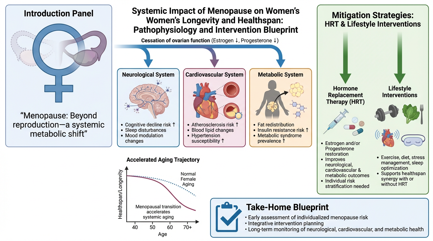 Diagram showing the impact of menopause on women's health. The image includes sections on the neurological, cardiovascular, and metabolic systems, and discusses mitigation strategies like hormone replacement therapy and lifestyle interventions. There