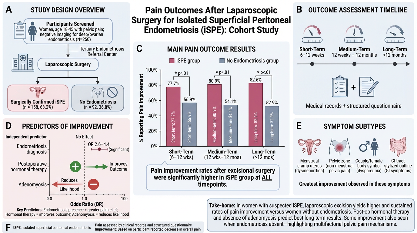 Infographic summarizing a study on pain outcomes after laparoscopic surgery for isolated superficial peritoneal endometriosis. It includes sections on study design, cohort size, main pain outcome results with graphs, outcome assessment timeline, symp