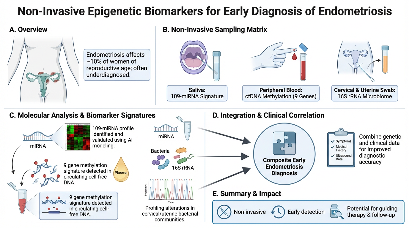 Diagram showing non-invasive epigenetic biomarkers for early endometriosis diagnosis, including saliva, blood, and swab sampling methods, molecular analysis, data integration, and clinical applications.
