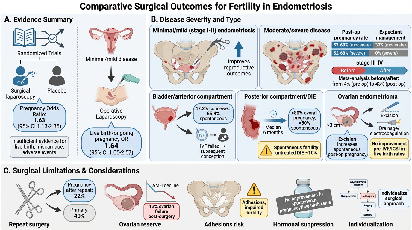 A detailed infographic comparing surgical outcomes for fertility in endometriosis, divided into sections on evidence summary, disease severity and type, and surgical limitations and considerations.