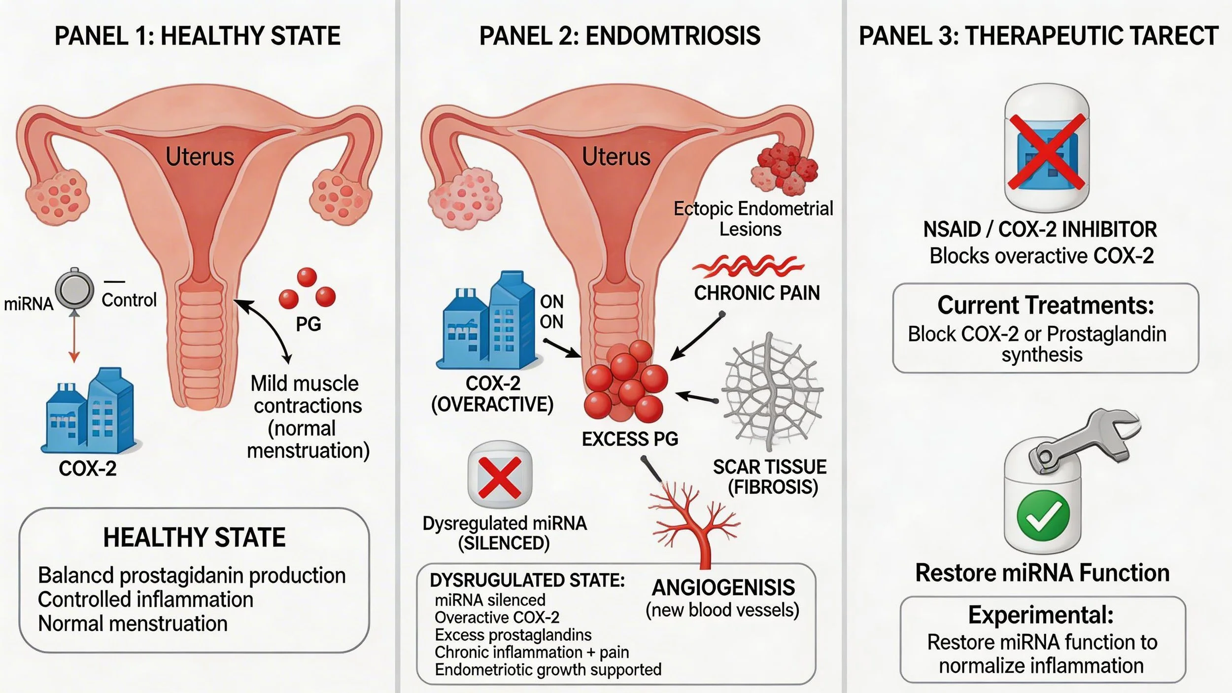 Diagram showing three panels about endometriosis. Panel 1: healthy uterus with normal progesterone and COX-2 levels, normal menstruation. Panel 2: overactive COX-2, excess prostaglandins, chronic pain, scar tissue, and fibrosis. Panel 3: therapeutic 