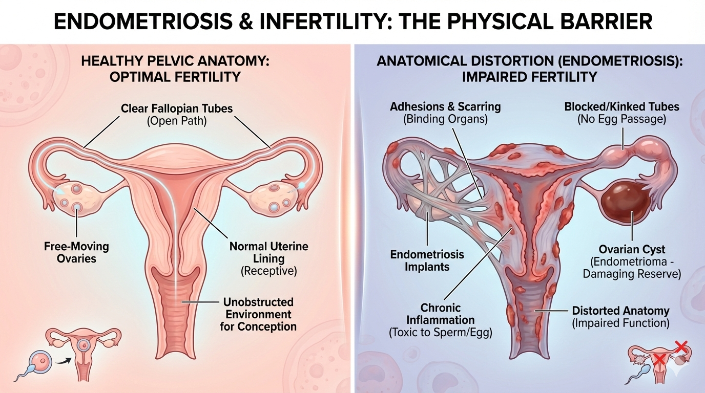 Comparison of healthy and disease-affected female reproductive organs. The left side shows a healthy uterus with open fallopian tubes, free-moving ovaries, and normal lining. The right side shows a uterus with adhesions, scar tissue, blocked fallopia