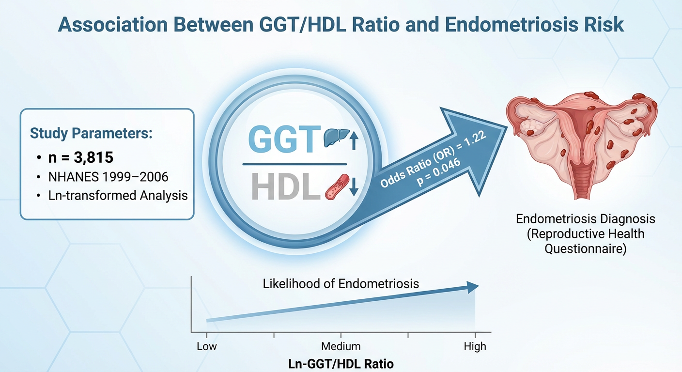 A scientific infographic showing the association between GGT/HDL ratio and endometriosis risk. It includes a study parameters box with 3,815 participants from NHANES 1999-2006, analyzed with a logistic regression model. The infographic displays an od