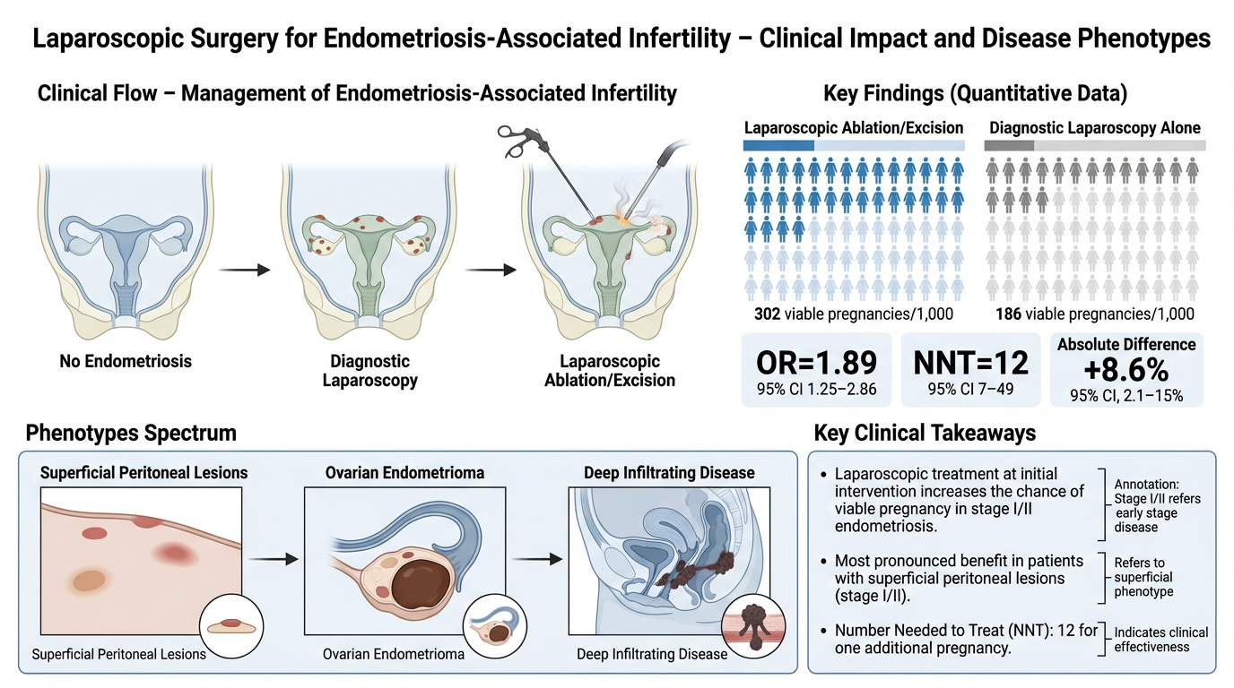 Flowchart of laparoscopic surgery for endometriosis-associated infertility, showing no endometriosis, diagnosis, and surgical intervention; key findings: pregnancies with ablation/excision and diagnostic laparoscopy; phenotypes: peritoneal lesions, o