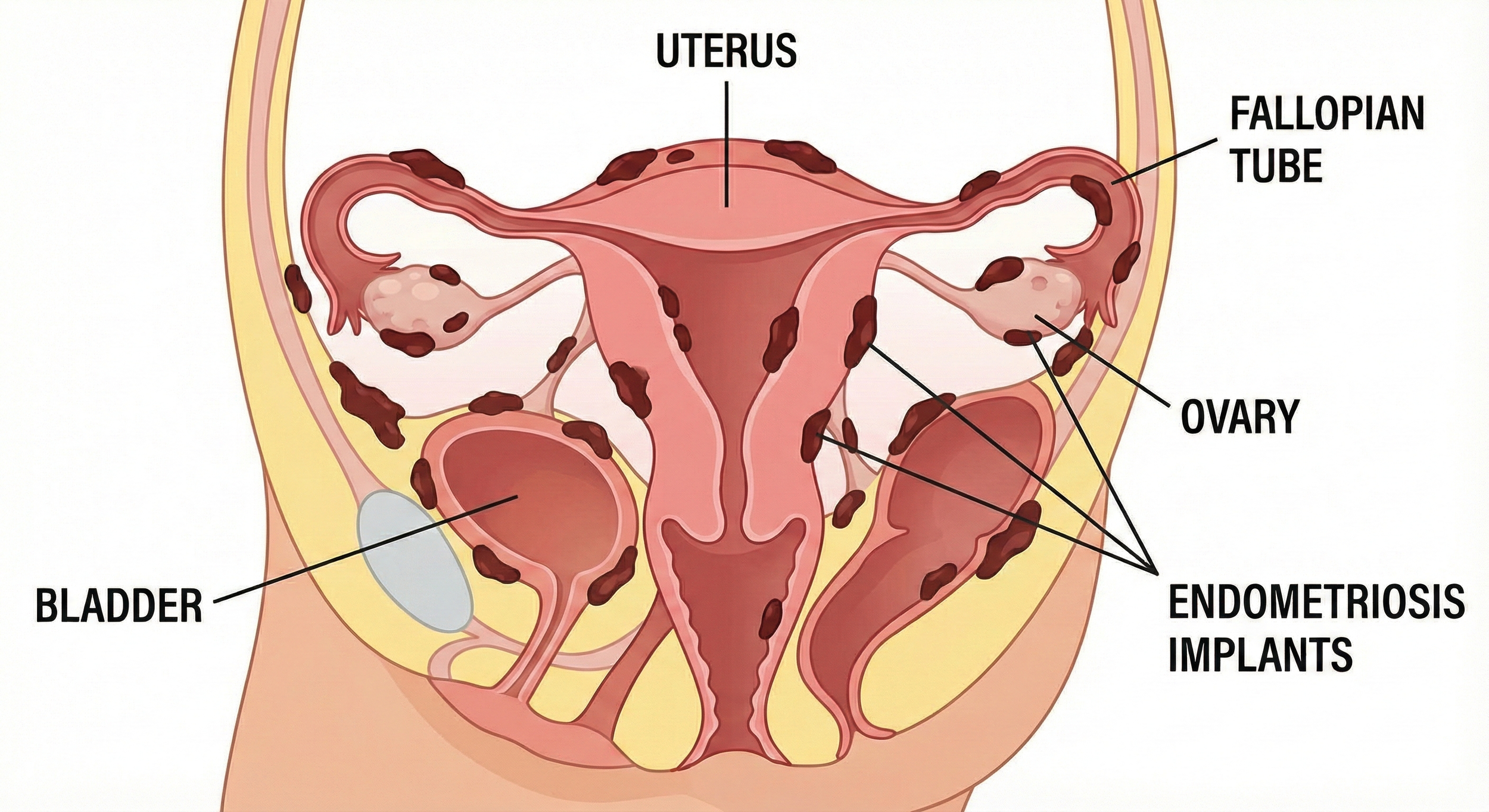 Diagram of female reproductive organs with labels for uterus, fallopian tube, ovary, endometriosis implants, bladder, and uterus.