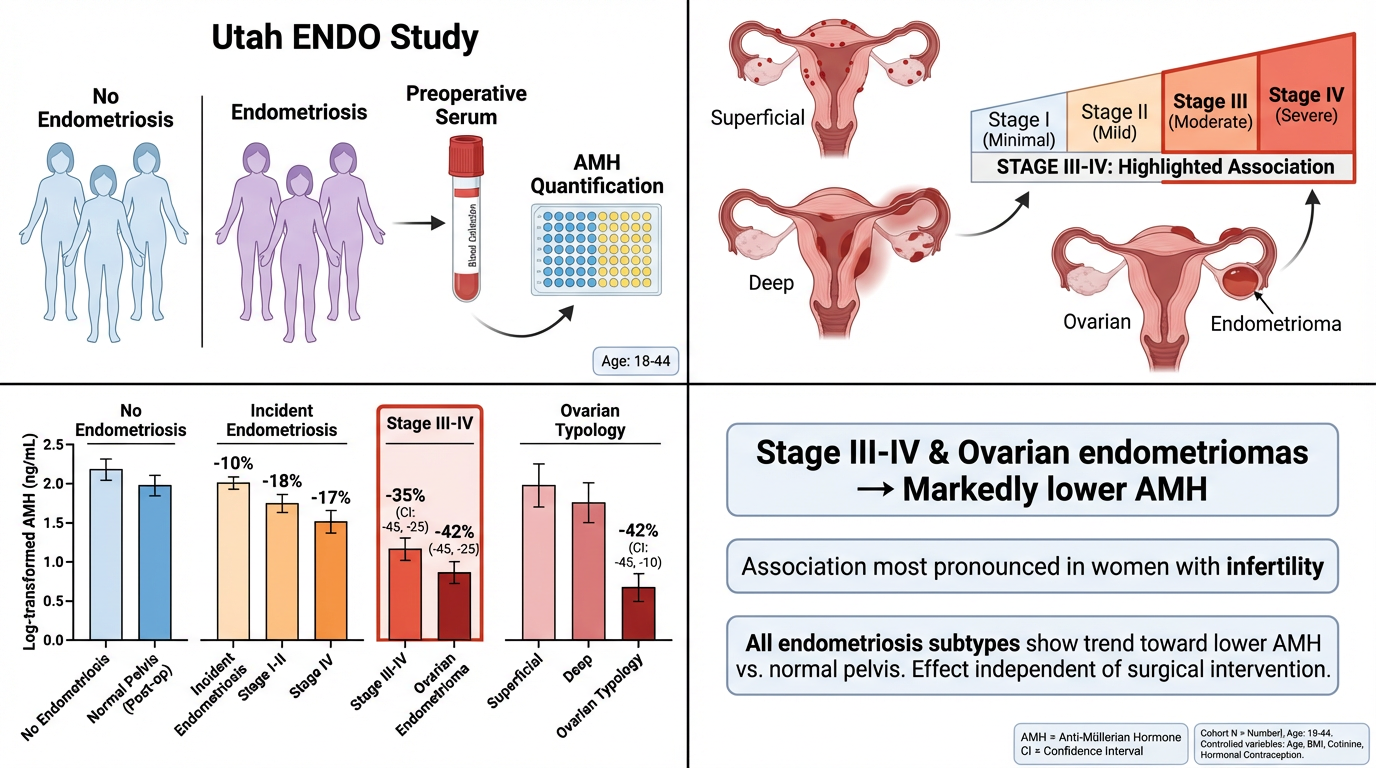A scientific infographic titled 'Utah ENDO Study' explaining and illustrating the relationship between endometriosis, ovarian endometriomas, and hormone levels. The infographic details preoperative serum measurements, ovarian types, stages of endomet