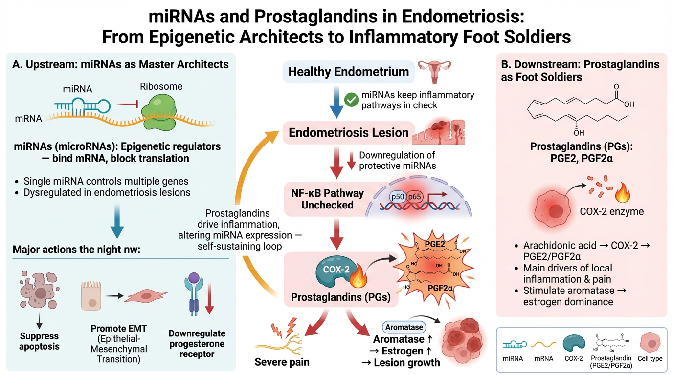 An infographic illustrating the role of miRNAs and prostaglandins in endometriosis. It shows that microRNAs act as epigenetic regulators, controlling gene expression to maintain healthy endometrium and prevent lesion formation. In endometriosis, down
