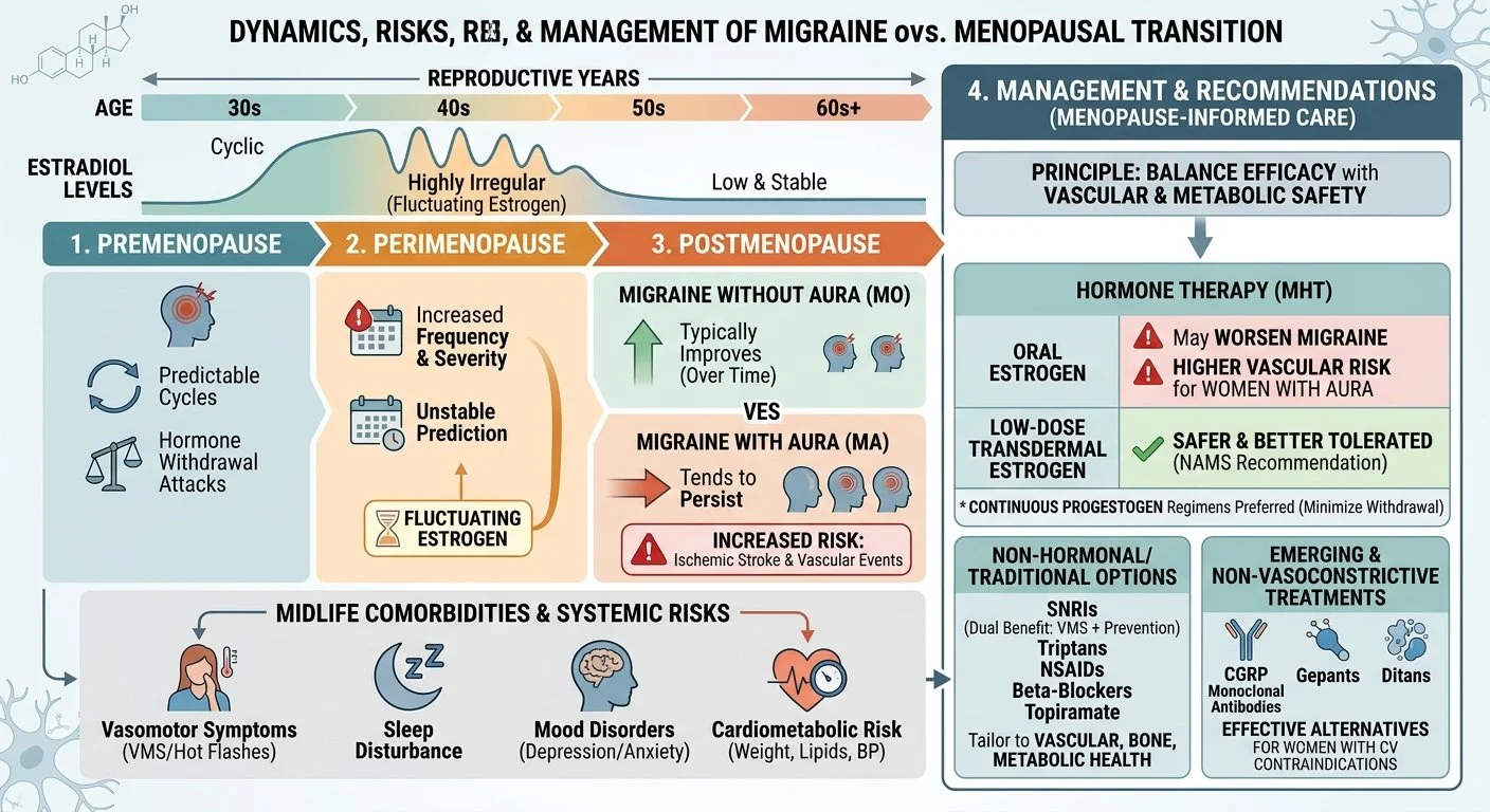 A detailed infographic depicting the dynamics, risks, and management of migraine versus menopausal transition. It includes a timeline of reproductive years, hormone levels, and estrogen fluctuations across premenopause, perimenopause, and postmenopau