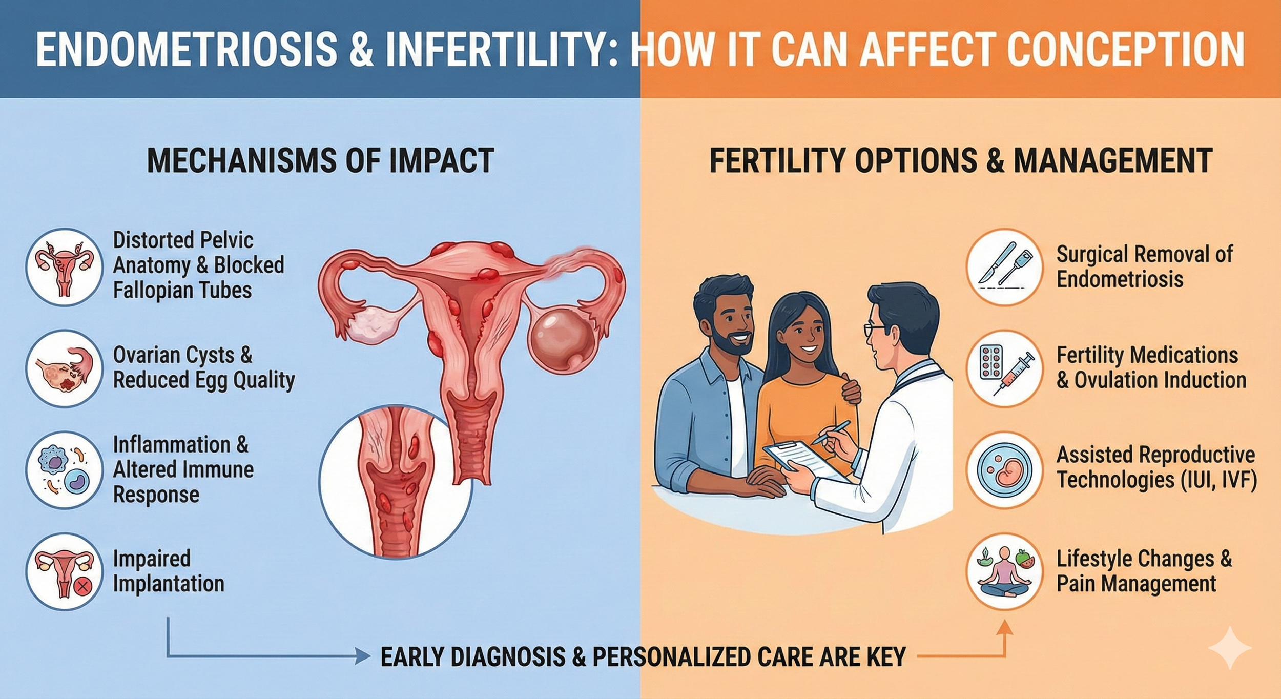 A health infographic titled "Endometriosis & Infertility: How It Can Affect Conception" highlights mechanisms impacting fertility such as distorted pelvic anatomy, ovarian cysts, inflammation, and impaired implantation. It suggests options for management including surgery, medications, assisted reproductive technologies, and lifestyle changes, emphasizing early diagnosis and personalized care.