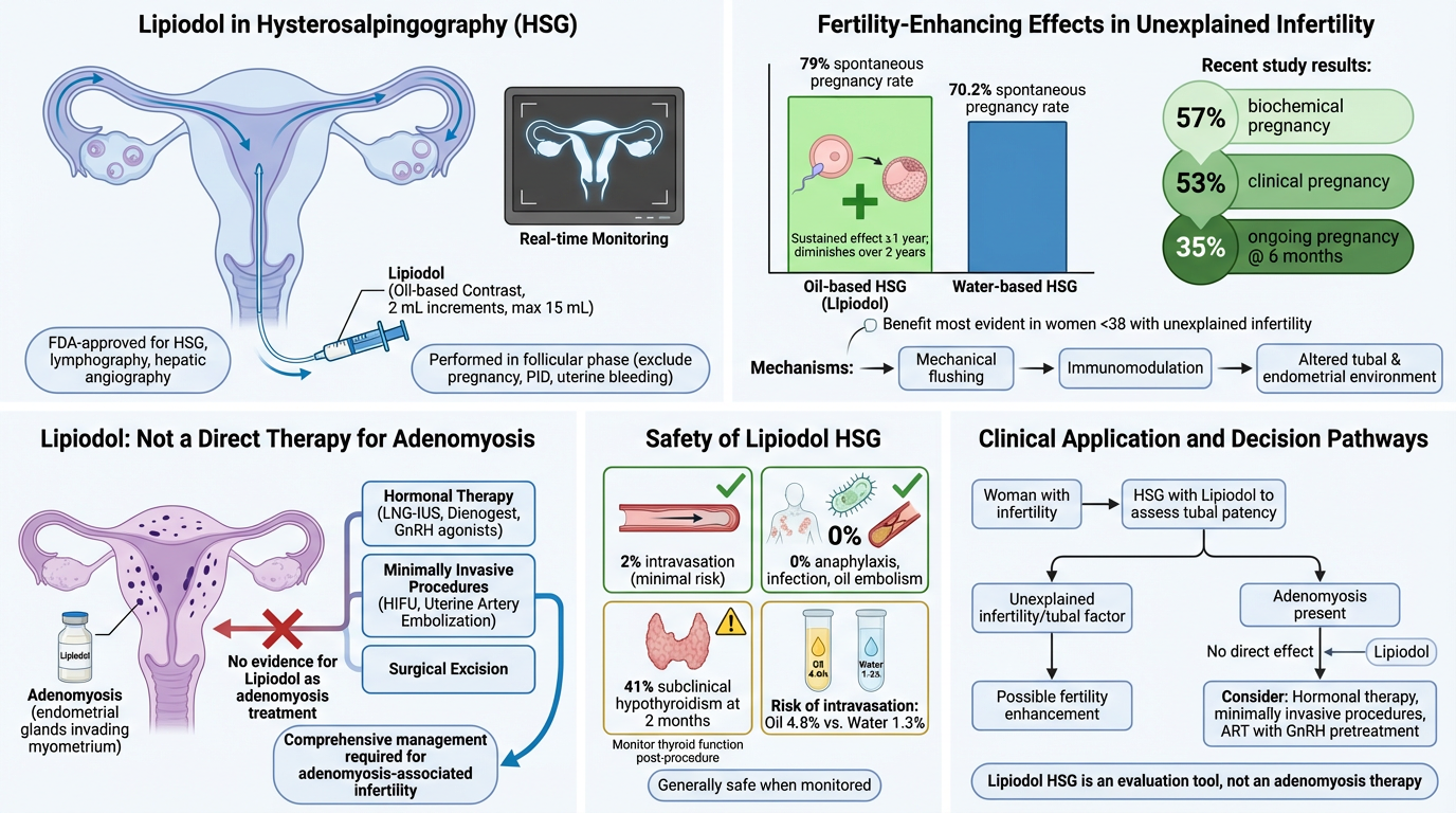 An infographic explaining the use of Lipiodol in hysterosalpingography (HSG) for infertility assessment. It shows real-time monitoring of the procedure, compares oil-based versus water-based contrast, discusses the mechanism of fertility enhancement,