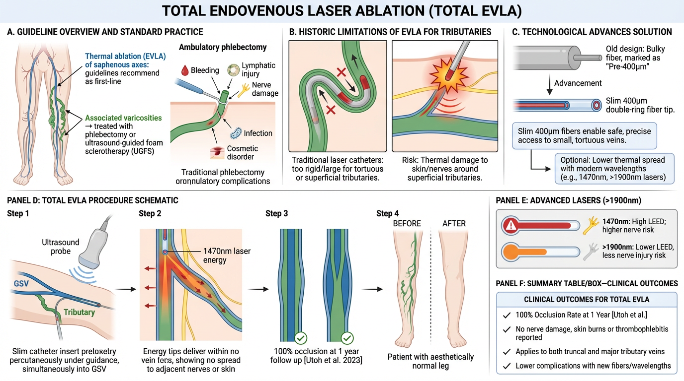 Diagram of total endovenous laser ablation (EVLA) for varicose veins, including overview, historic limitations, technological advances, procedural schematic, and clinical outcomes.