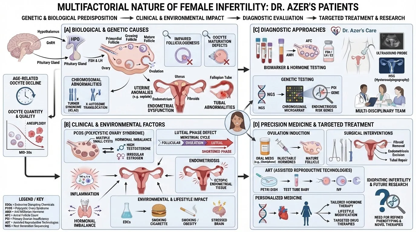 Flowchart illustrating multifactorial causes of female infertility, including biological, genetic, clinical, environmental, diagnostic approaches, and treatments. It shows the progression from genetic predispositions and chromosomal abnormalities thr