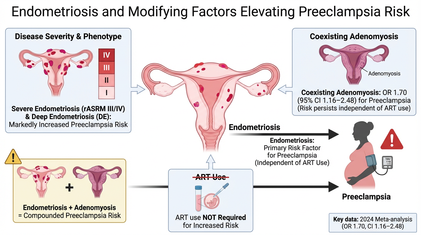 Diagram illustrating factors that increase the risk of preeclampsia. It shows the relationship between endometriosis, adenomyosis, and their combined effect, with a focus on primary risk factors. The graphic emphasizes that ART use is not required fo