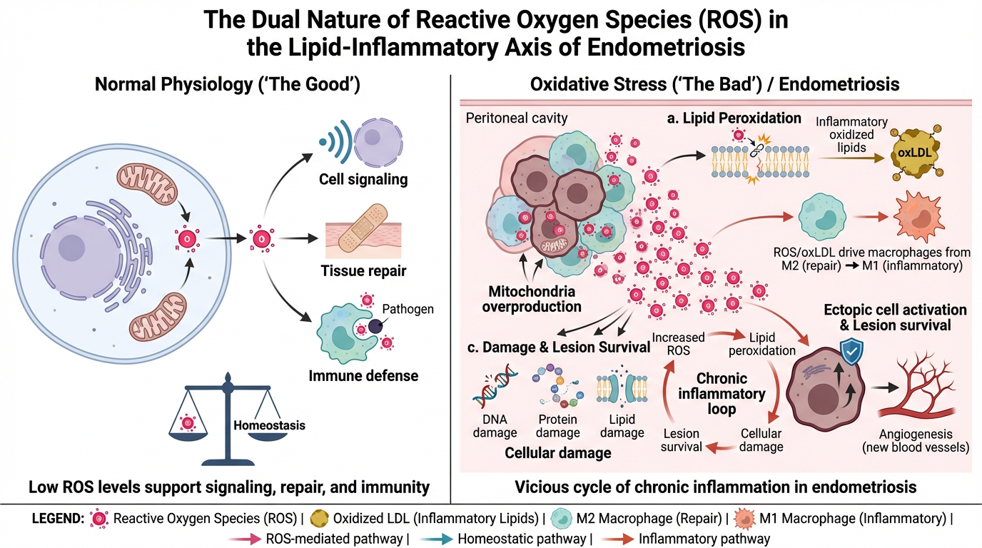 Diagram explaining the dual role of reactive oxygen species (ROS) in endometriosis. The left side shows normal physiology with balanced ROS supporting cell signaling, tissue repair, immune defense, and homeostasis. The right side illustrates oxidativ
