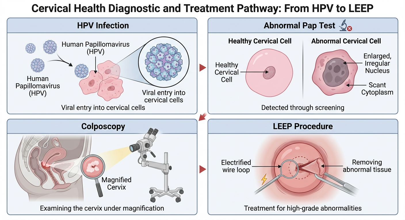 Diagram showing the cervical health diagnostic and treatment pathway from HPV to LEEP. Sections include HPV infection with human papillomavirus and cervical cells, abnormal Pap test with healthy and abnormal cells, colposcopy examining the cervix und