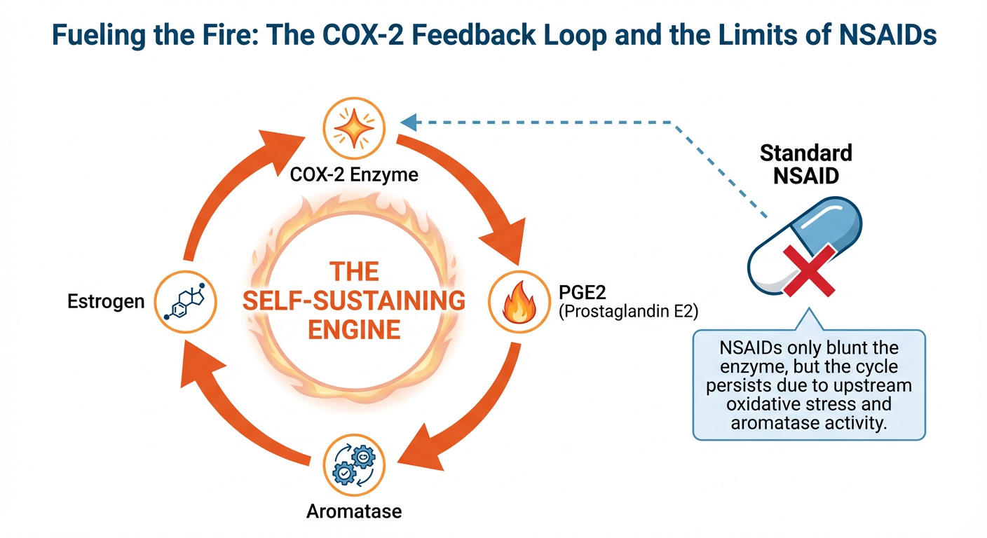 Diagram showing the COX-2 feedback loop and NSAID effects, with a cycle involving estrogen, aromatase, PGE2, and COX-2 enzyme in the context of inflammatory response.