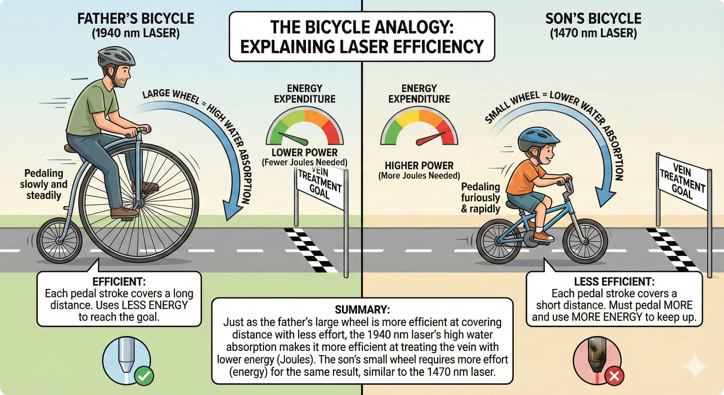 An infographic comparing the efficiency of father's and son's bicycle pedals using laser analogy. The father’s bike with a large wheel (1940 nm laser) absorbs more water and is more efficient, pedaling slowly and steadily. The son’s bike with a small